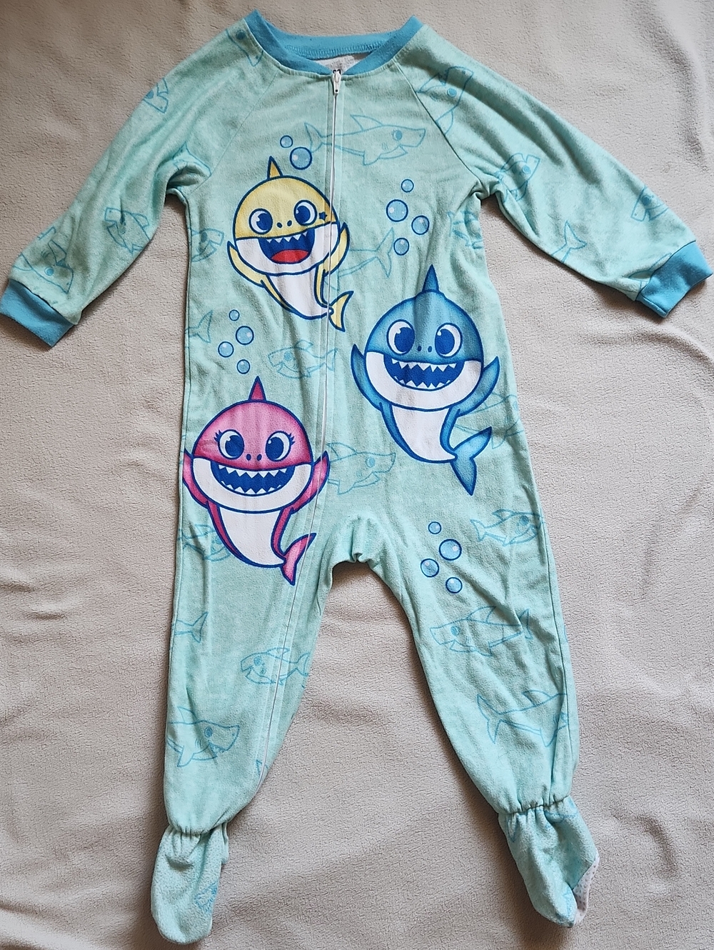 Mint Green Shark Footed One-Piece Pajamas with Colorful Sharks
